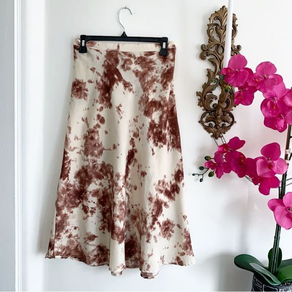 See You Monday Dresses & Skirts - SEE YOU MONDAY Midi Skirt Medium Brown Cream Satin Flowy Cow Print